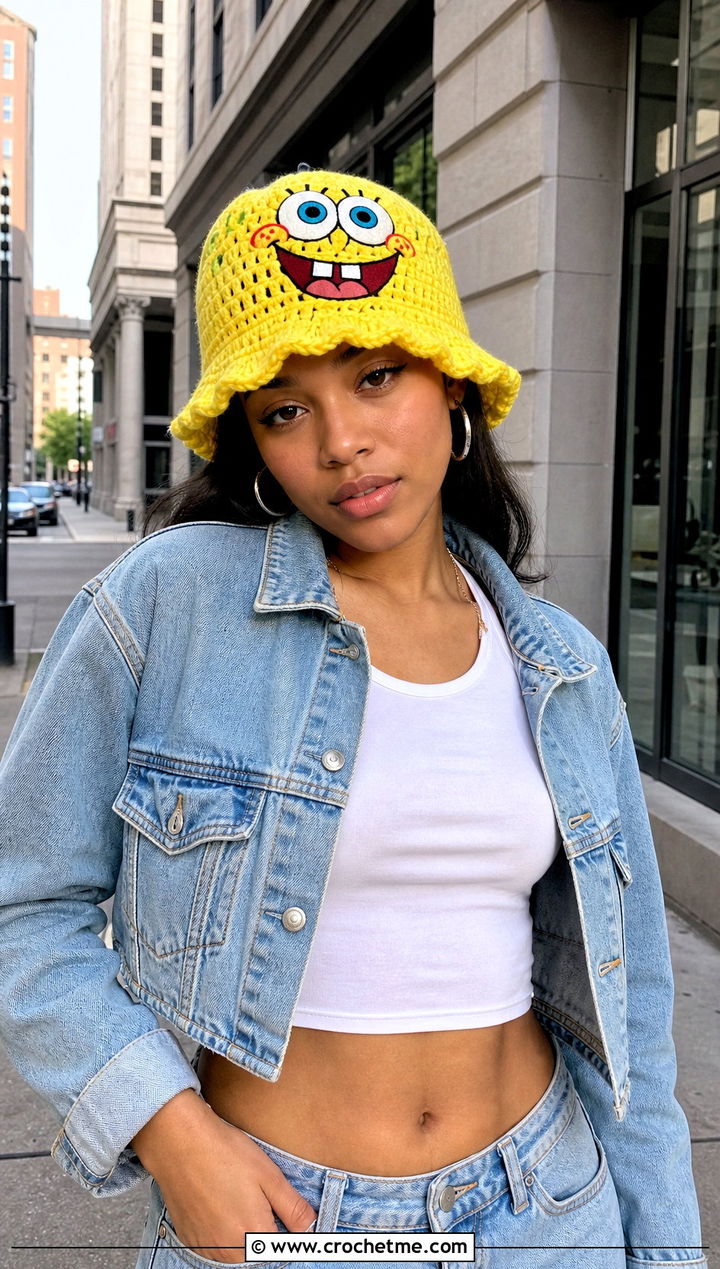 SpongeBob Crochet Bucket Hat With Baggy Jeans - 15 spongebob crochet hat outfit ideas