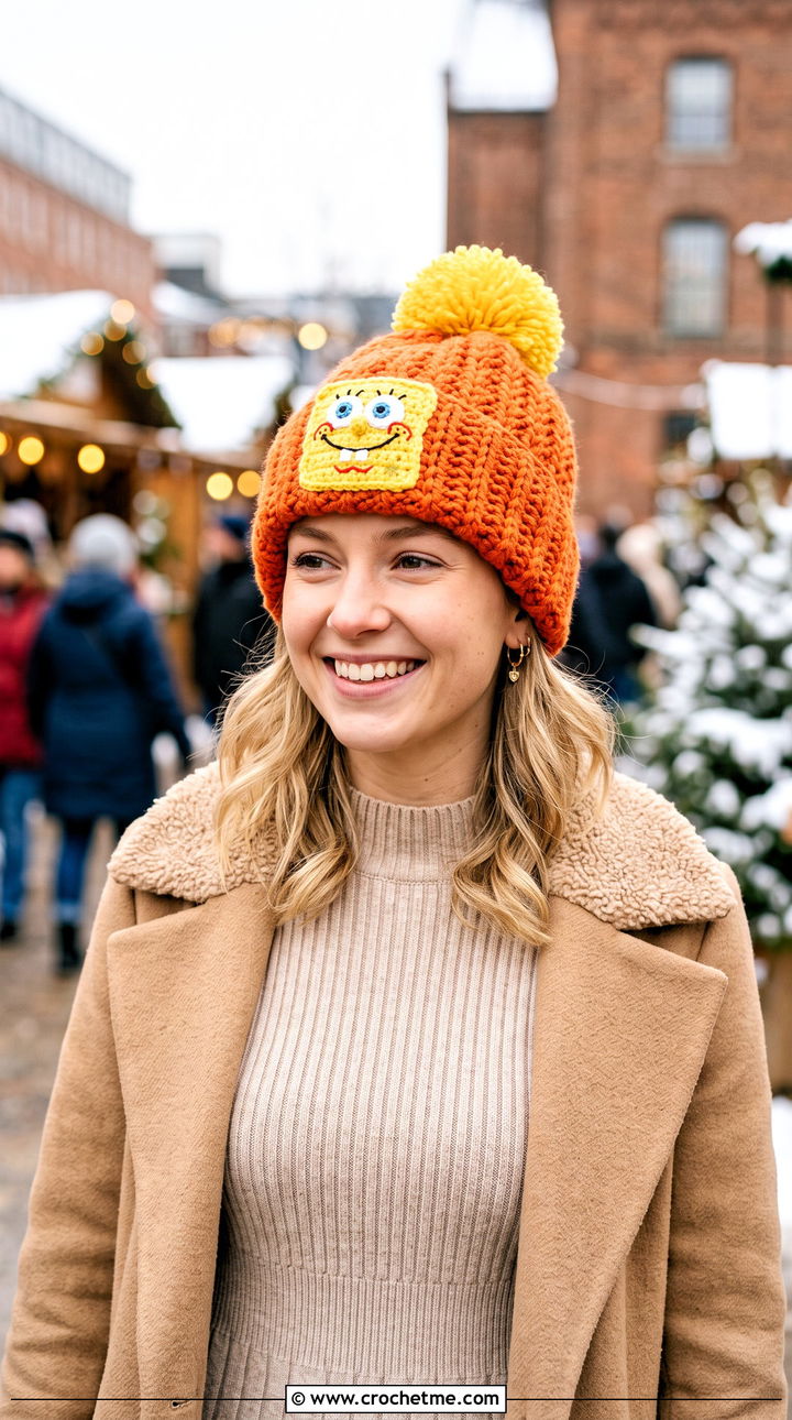 SpongeBob Crochet Pom Pom Hat With Sweater Dress - 15 spongebob crochet hat outfit ideas