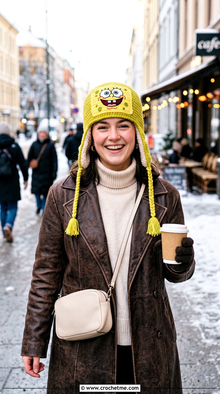 SpongeBob Crochet Trapper Hat With Faux Leather Coat - 15 spongebob crochet hat outfit ideas