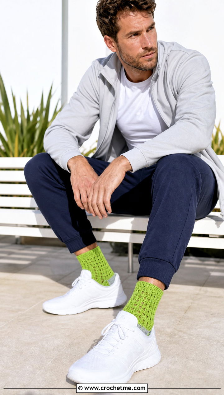 Sport Crochet Quarter Socks With Joggers And Trainers - 25 Quick Crochet Socks outfit ideas