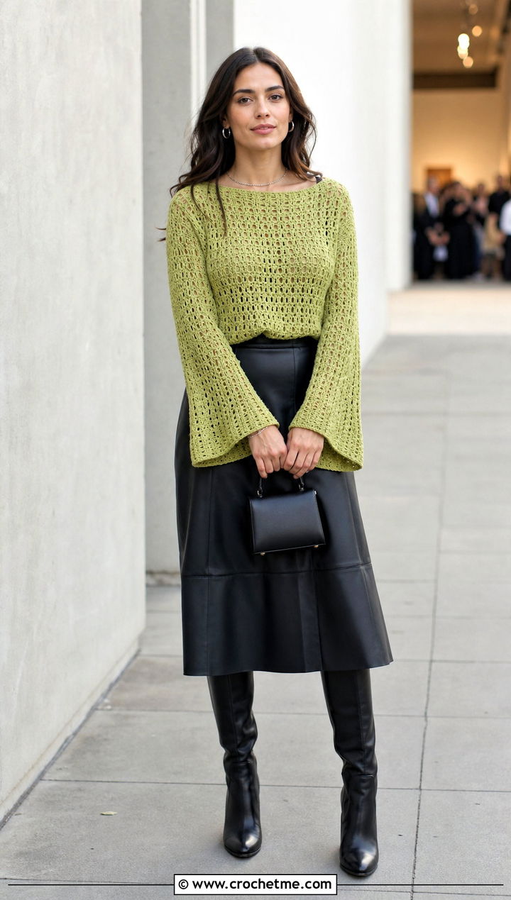 Sport Weight Bell Sleeve Crochet Sweater With Leather Skirt - 20 Sport Weight Crochet Sweater outfit ideas