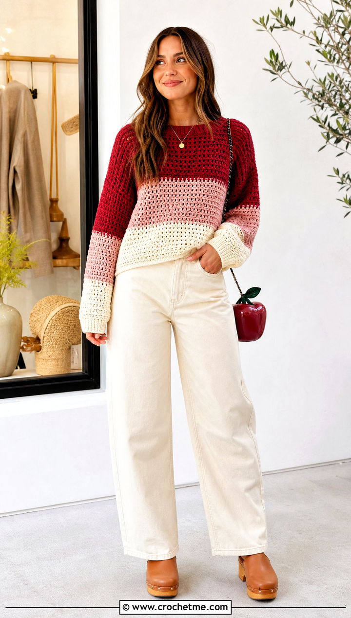 Sport Weight Color Block Crochet Sweater With Cream Jeans - 20 Sport Weight Crochet Sweater outfit ideas