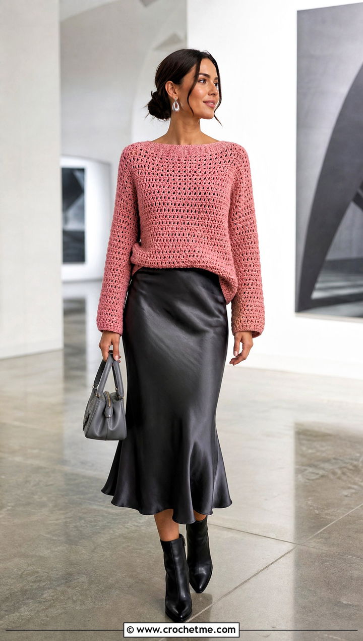 Sport Weight Crochet Boat Neck Sweater With Satin Midi Skirt - 20 Sport Weight Crochet Sweater outfit ideas