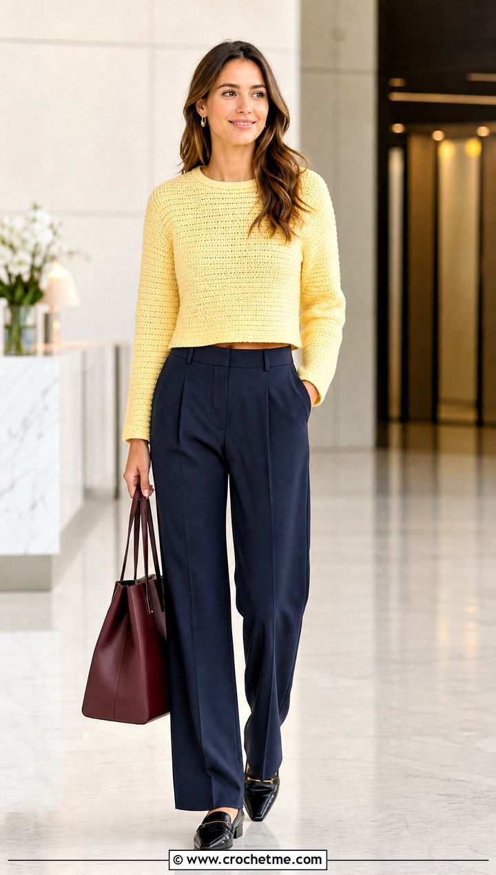 Sport Weight Crochet Cropped Sweater With Tailored Trousers - 20 Sport Weight Crochet Sweater outfit ideas