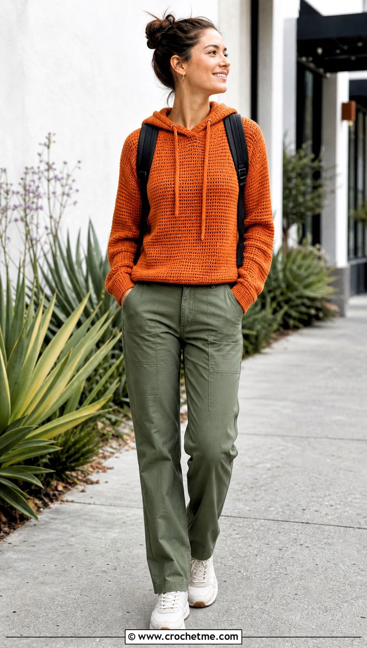 Sport Weight Crochet Hoodie Sweater With Utility Pants - 20 Sport Weight Crochet Sweater outfit ideas