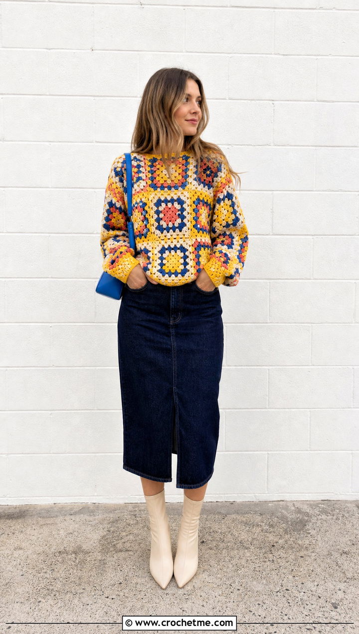 Sport Weight Granny Stitch Crochet Sweater With Denim Midi Skirt - 20 Sport Weight Crochet Sweater outfit ideas