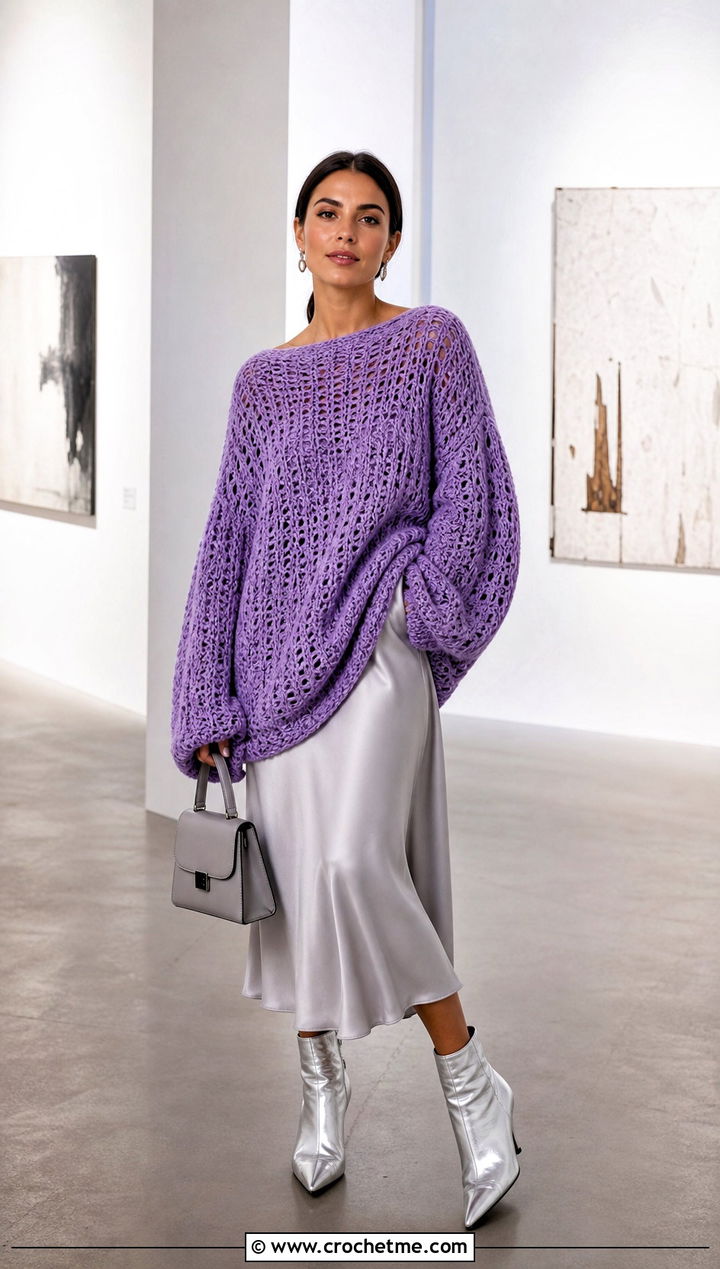 Sport Weight Oversized Crochet Sweater With Slip Dress - 20 Sport Weight Crochet Sweater outfit ideas
