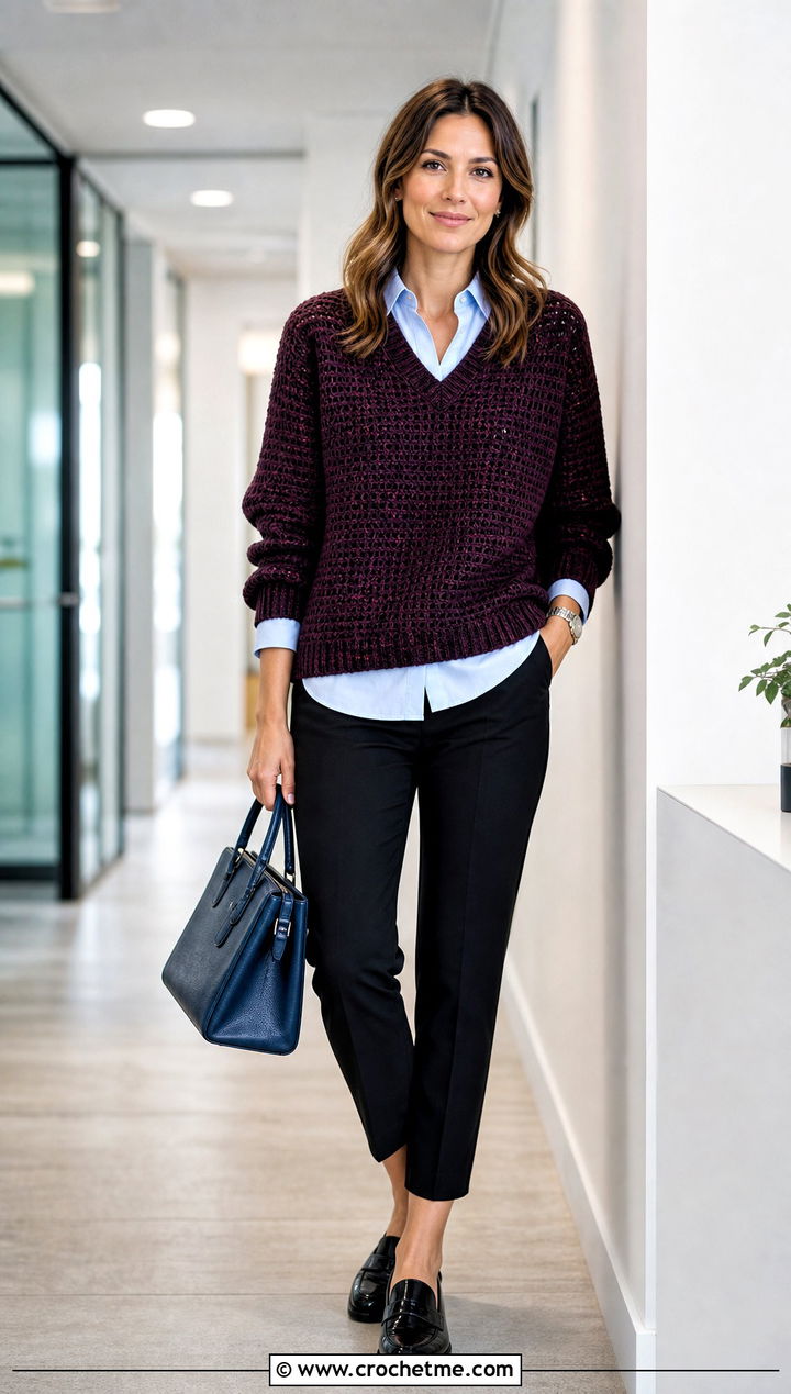 Sport Weight V Neck Crochet Sweater With Button Down Shirt - 20 Sport Weight Crochet Sweater outfit ideas