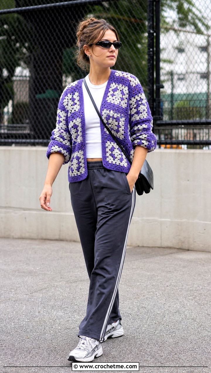 Sporty Checkered Granny Square Cardigan With Track Pants - 25 checkered granny square cardigan outfit ideas