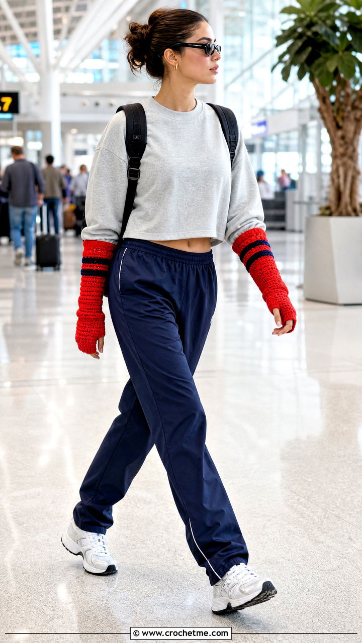 Sporty Crochet Arm Warmers With Track Pants - 35 crochet arm warmers outfit ideas