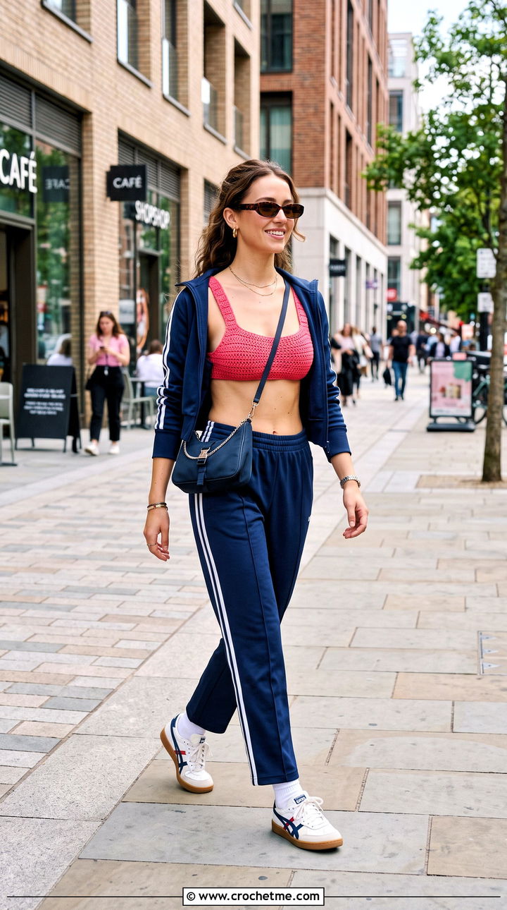 Sporty Crochet Bathing Suit Top With Track Pants - 35 crochet bathing suit top outfit ideas