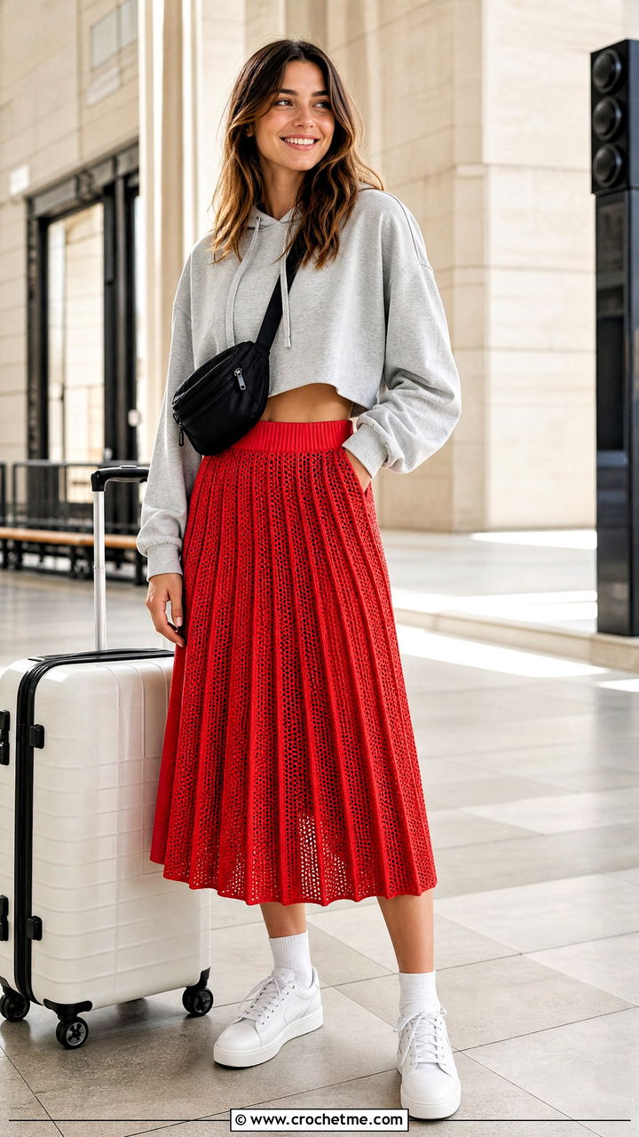 Sporty Crochet Pleated Midi Skirt With Cropped Hoodie - 35 crochet pleated skirt outfit ideas