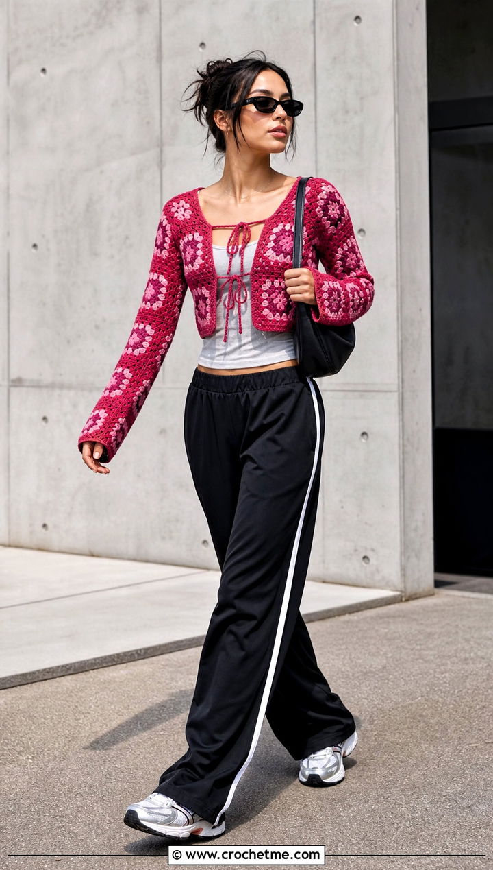 Sporty Granny Square Tie Cardigan With Track Pants - 25 Granny Square Tie Cardigan outfit ideas