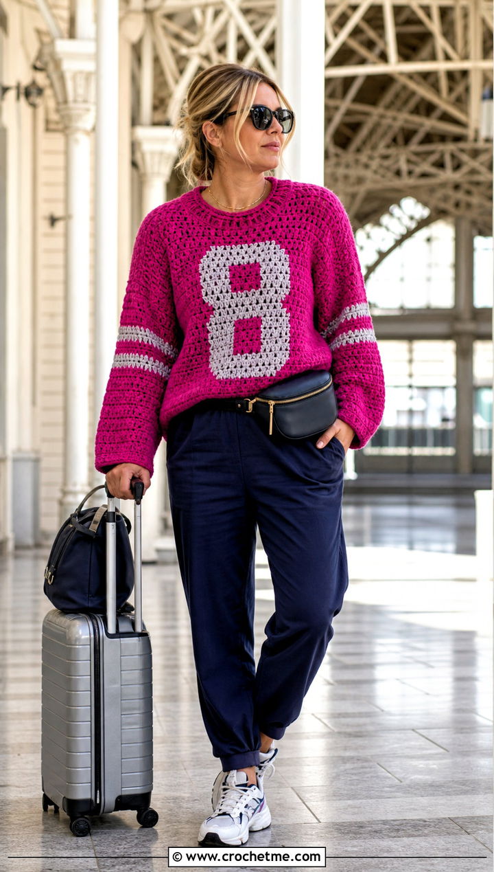 Sporty Number Tapestry Crochet Jumper With Track Pants - 30 Tapestry Crochet Jumper outfit ideas
