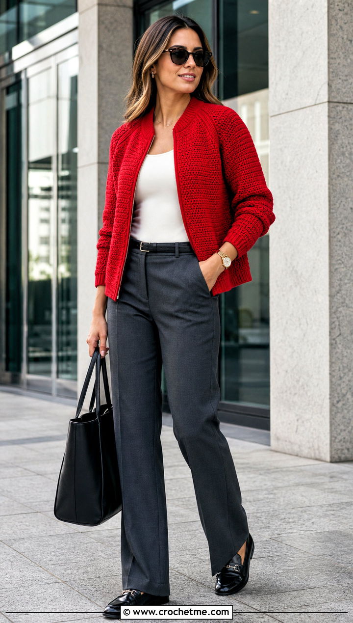 Sporty Zip Up Crochet Raglan Jacket With Tailored Trousers - 15 crochet raglan jacket outfit ideas