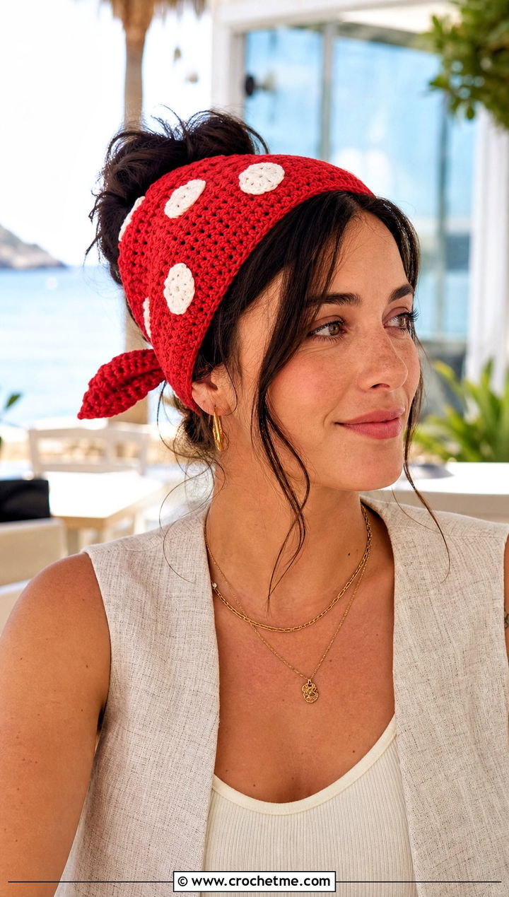 Spotted Mushroom Tie Back Headband With Linen Set - 25 Crochet Mushroom Headband outfit ideas