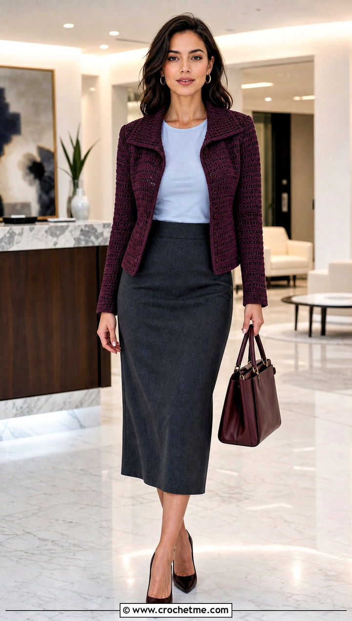 Spread Collar Crochet Jacket With Pencil Skirt - 25 Crochet Jacket With Collar outfit ideas
