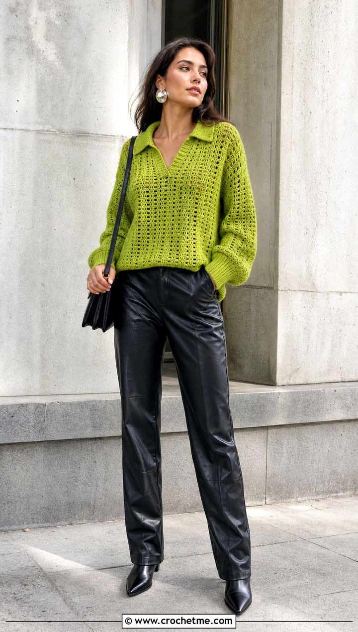 Spread Collar Crochet Sweater With Leather Pants - 20 Crochet Collared Sweater outfit ideas