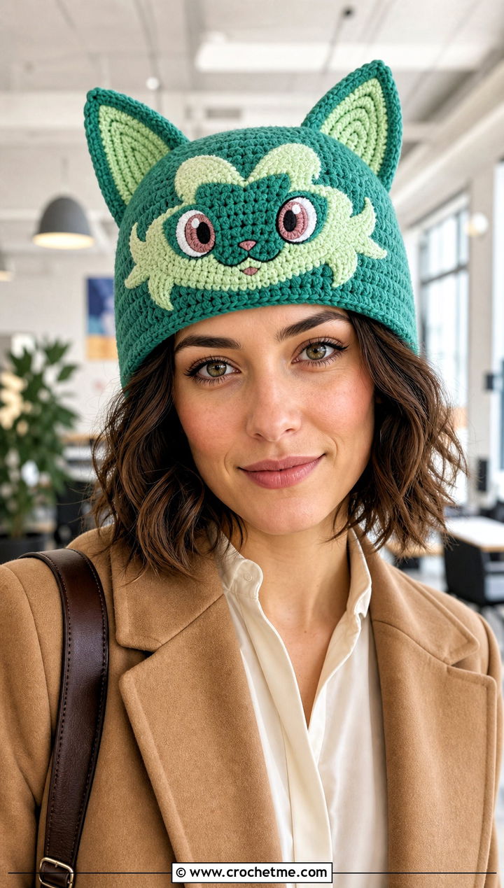 Sprigatito Cat Ear Beanie With Pleated Trousers - 30 crochet pokemon beanie outfit ideas