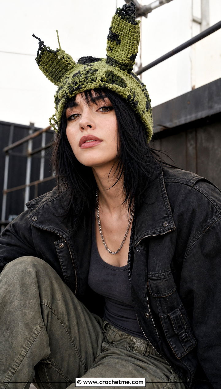 Springtrap Crochet Distressed Beanie With Utility Jacket - 25 fnaf crochet hat outfit ideas