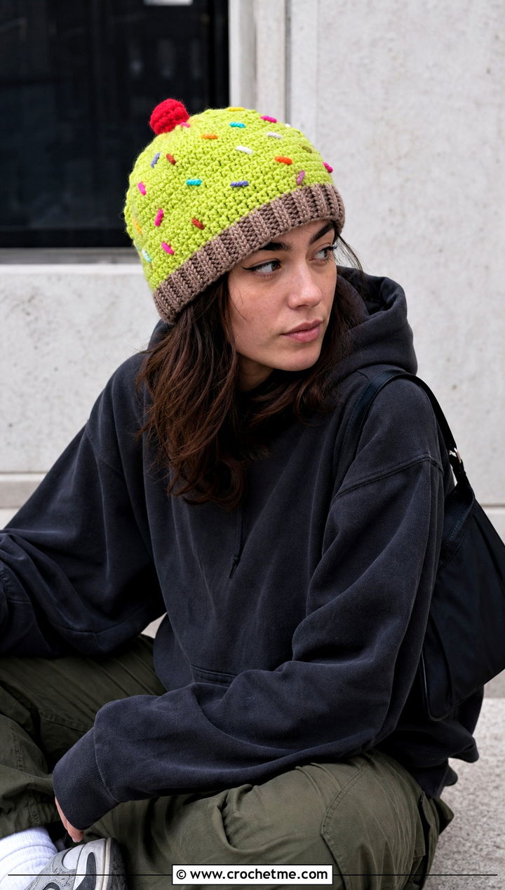 Sprinkle Cupcake Crochet Hat With Cargo Pants - 25 cupcake crochet hat outfit ideas