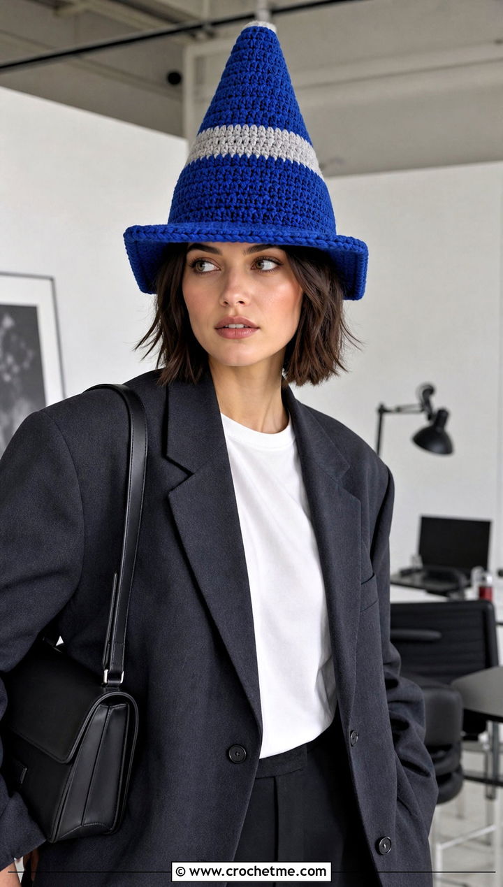 Square Base Crochet Traffic Cone Hat With Tailored Blazer - 25 crochet traffic cone hat outfit ideas
