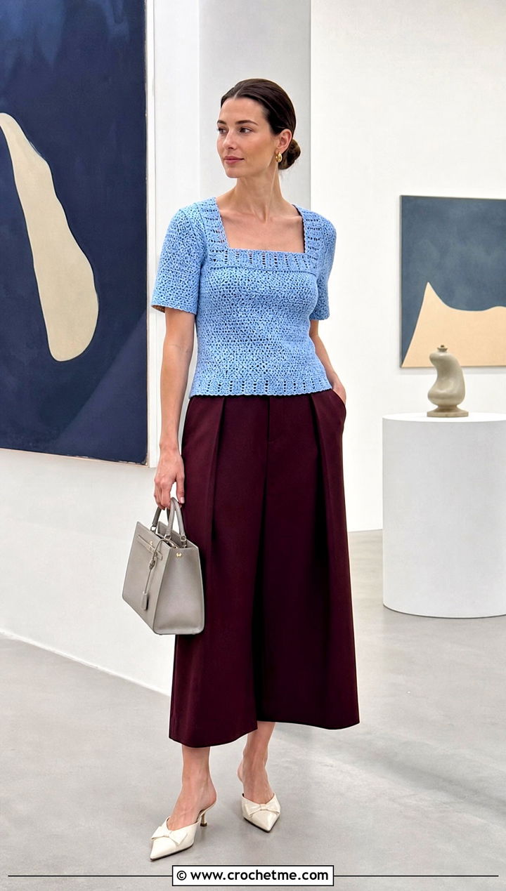 Square Collar Crochet Top With Culottes - 25 Crochet Collar Top outfit ideas