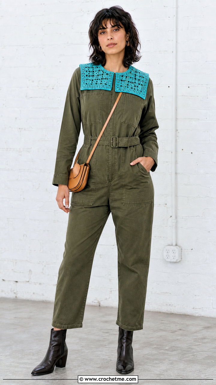 Square Crochet Collar With Utility Jumpsuit And Boots - 35 crochet collar outfit ideas