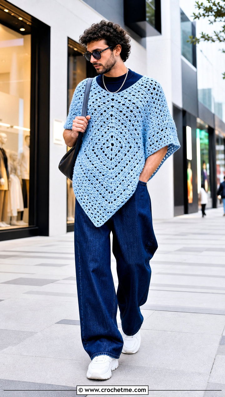Square Crochet Mens Poncho With Wide Leg Jeans - 25 crochet men's poncho outfit ideas