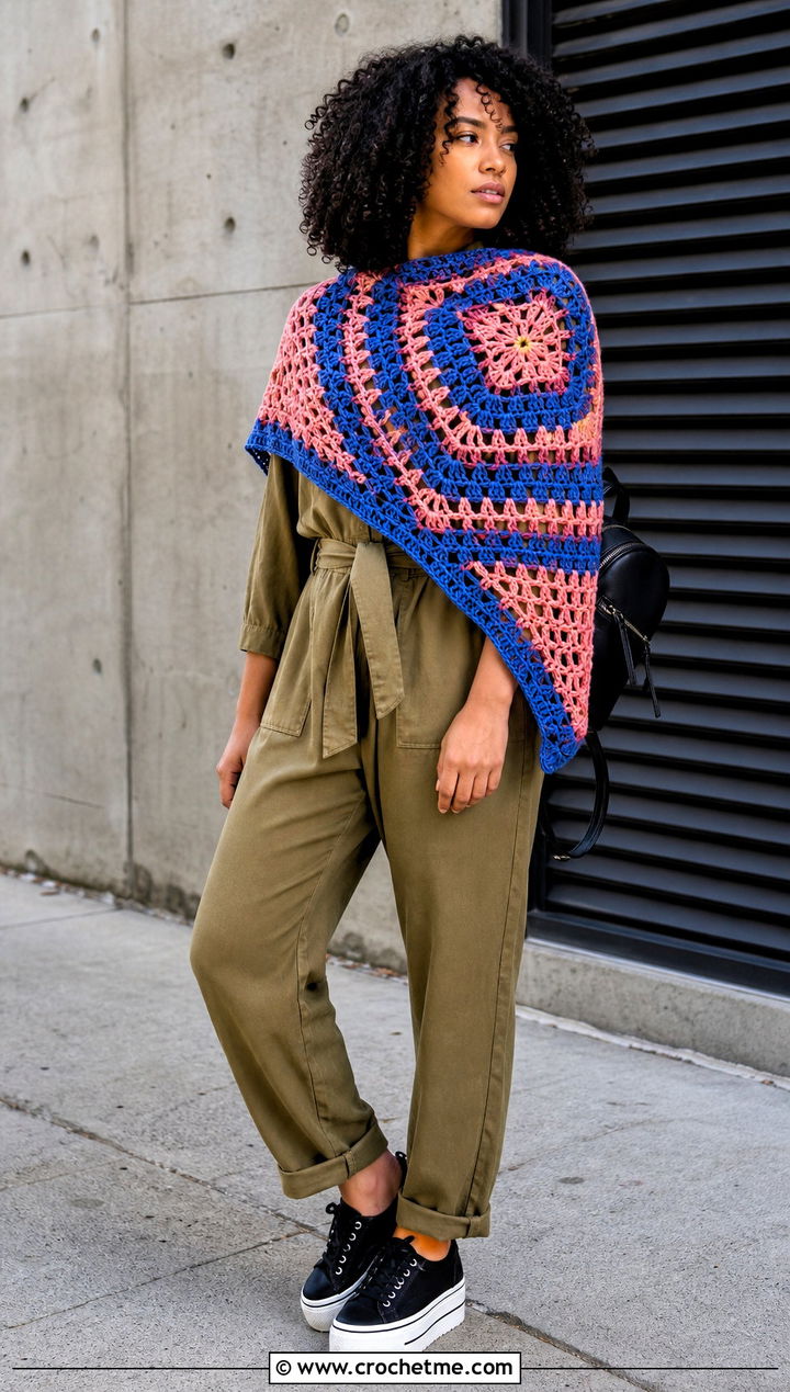 Square Crochet Spiderweb Shawl With Utility Jumpsuit - 30 Crochet Spiderweb Shawl outfit ideas