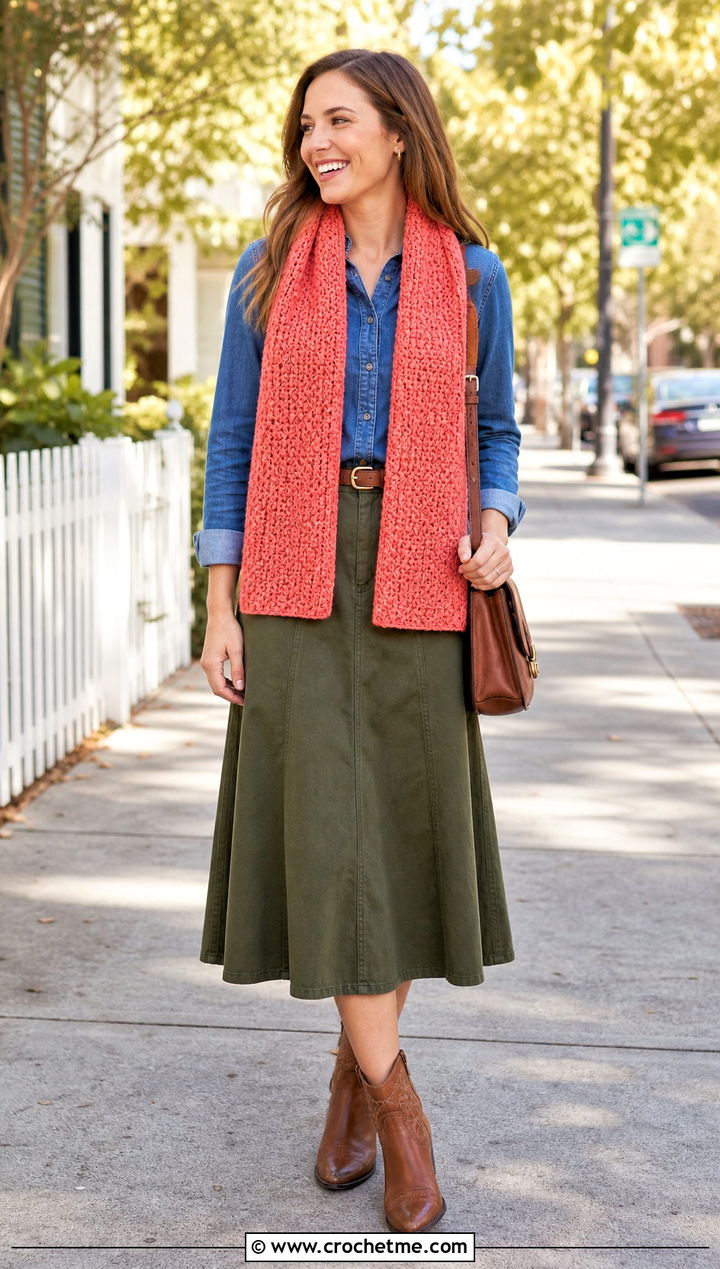 Square End Moss Stitch Scarf With Denim Shirt And Midi Skirt - 35 crochet moss stitch scarf outfit ideas
