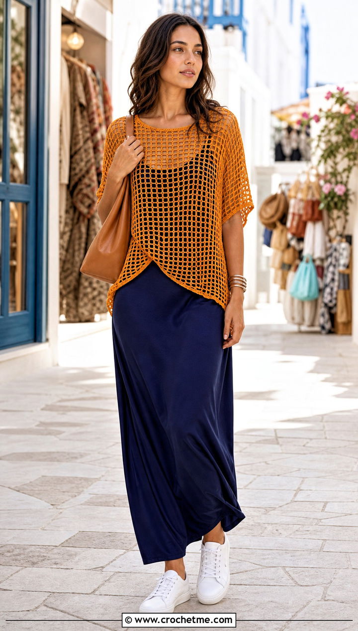 Square Mesh Oversized Tee With Slip Dress - 30 Crochet Top With Holes outfit ideas