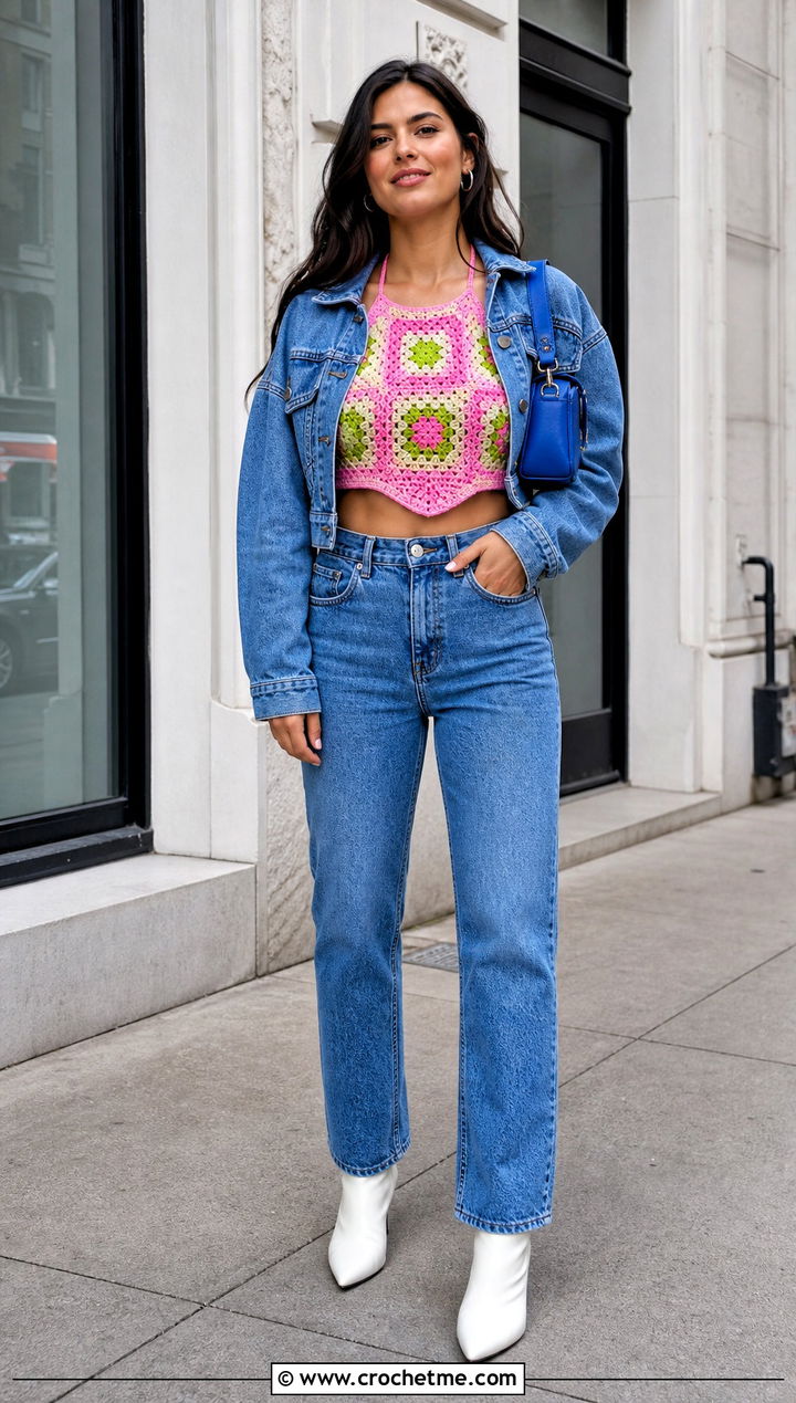 Square Motif Crochet Halter Top With Denim Suit - 35 crochet halter neck top outfit ideas
