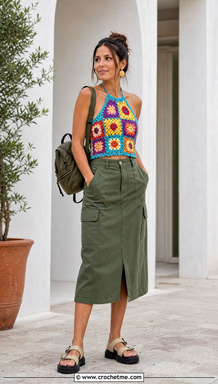 Square Motif Crochet Halter Top With Utility Skirt - 30 crochet halter neck outfit ideas