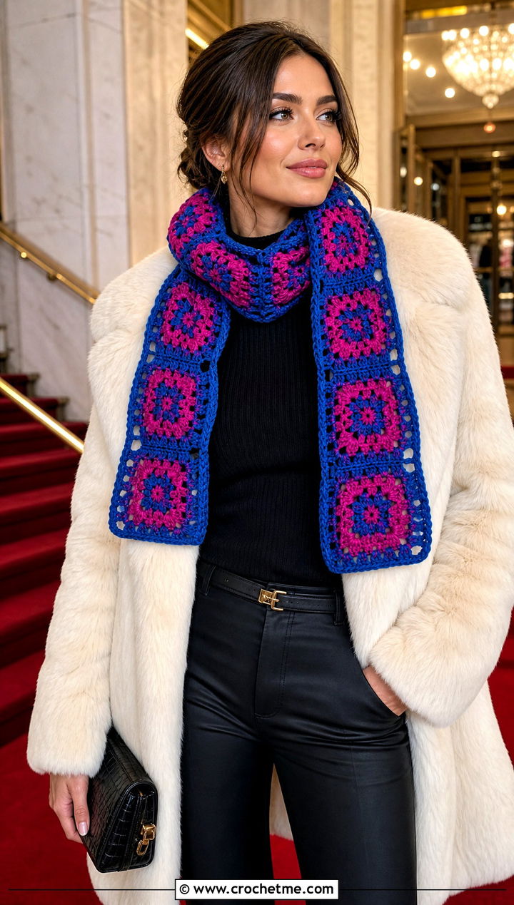 Square Motif Sampler Scarf With Faux Fur Coat - 20 Crochet Stitch Sampler Scarf outfit ideas