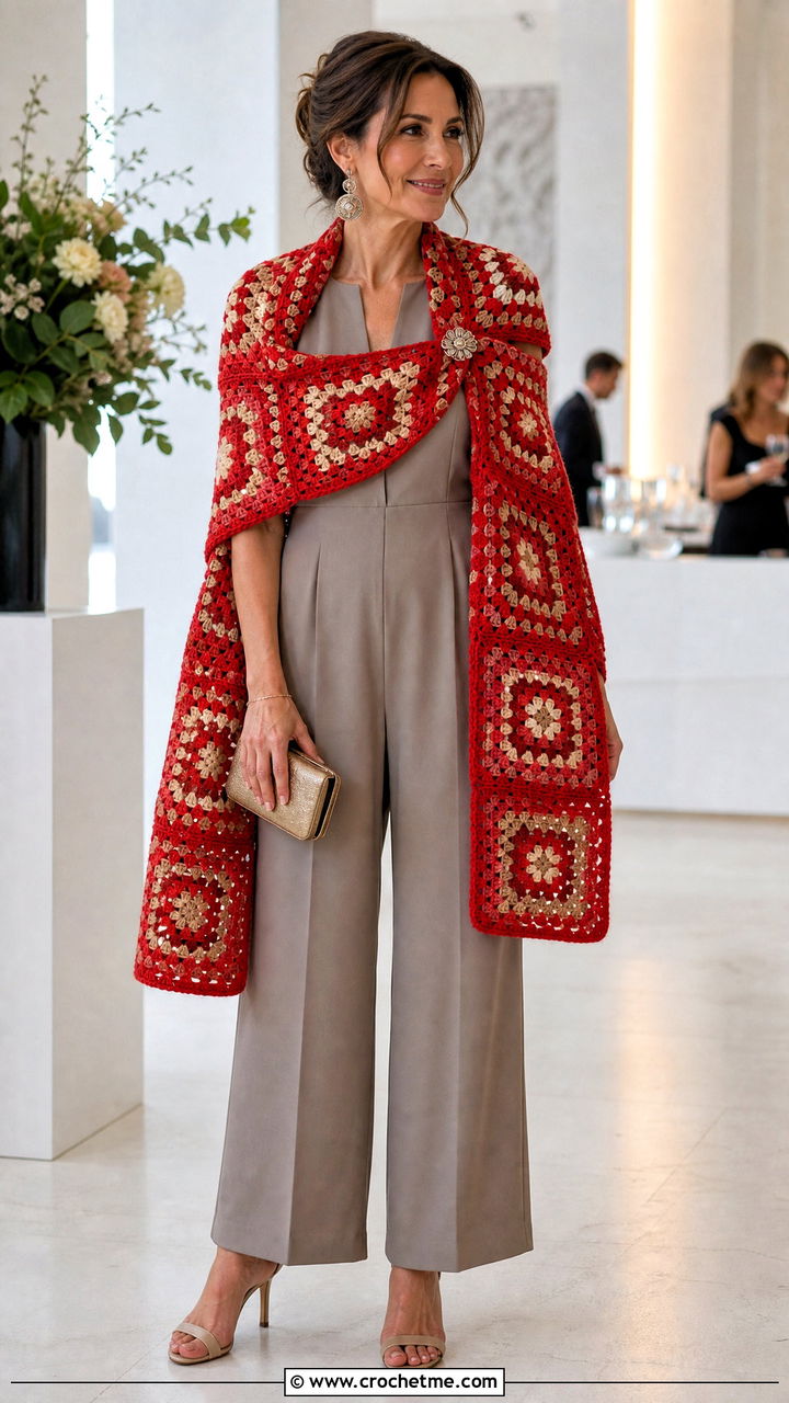 Square Motif Stole With Jumpsuit And Heeled Sandals - 35 granny square scarf outfit ideas