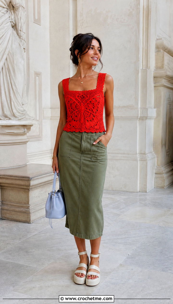 Square Neck Butterfly Panel Top With Utility Midi Skirt - 35 Crochet Butterfly Top outfit ideas