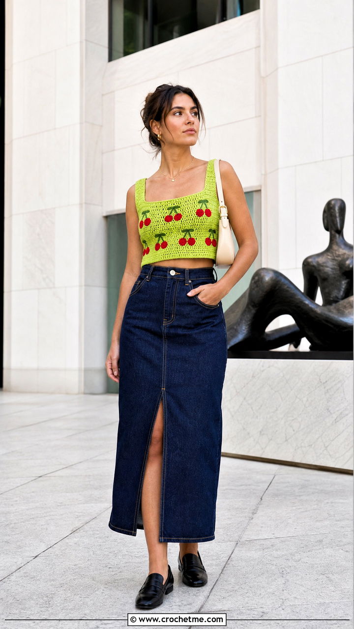 Square Neck Cherry Crop Top With Denim Midi Skirt - 35 crochet cherry top outfit ideas