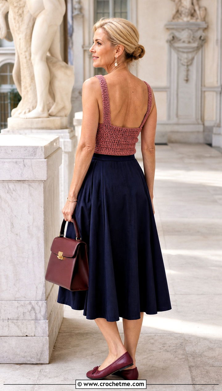 Square Neck Crochet Backless Tank Top With A Line Midi Skirt - 25 crochet backless tank top outfit ideas