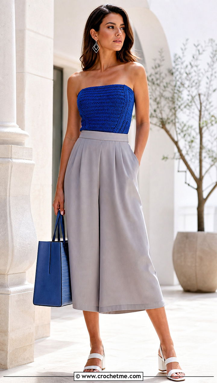 Square Neck Crochet Bandeau Top With Culottes - 30 crochet bando top outfit ideas