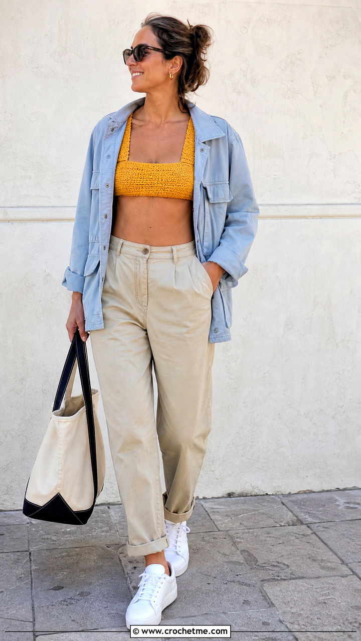 Square Neck Crochet Bikini Top With Chino Pants - 35 crochet bikinis top outfit ideas
