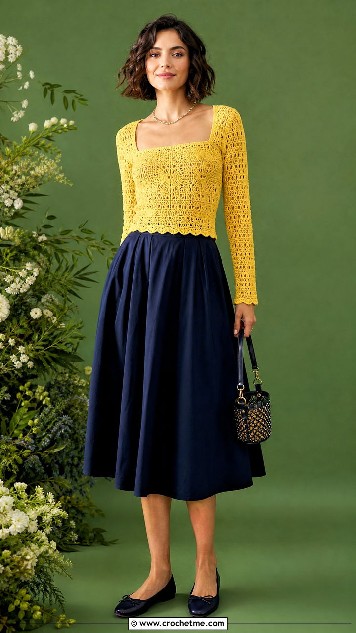 Square Neck Crochet Blouse With A Line Midi Skirt - 35 crochet blouse for women outfit ideas