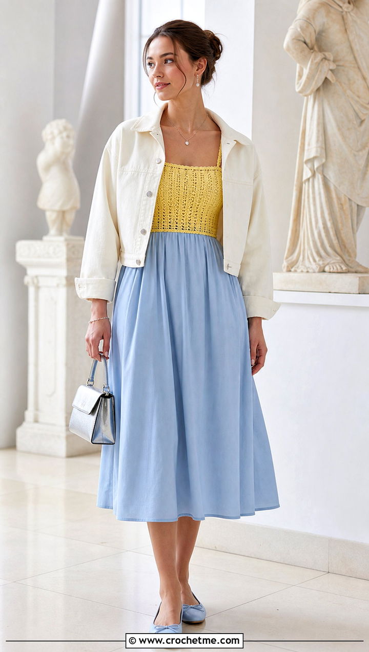 Square Neck Crochet Bodice Dress With Ballet Flats - 25 crochet bodice dress outfit ideas