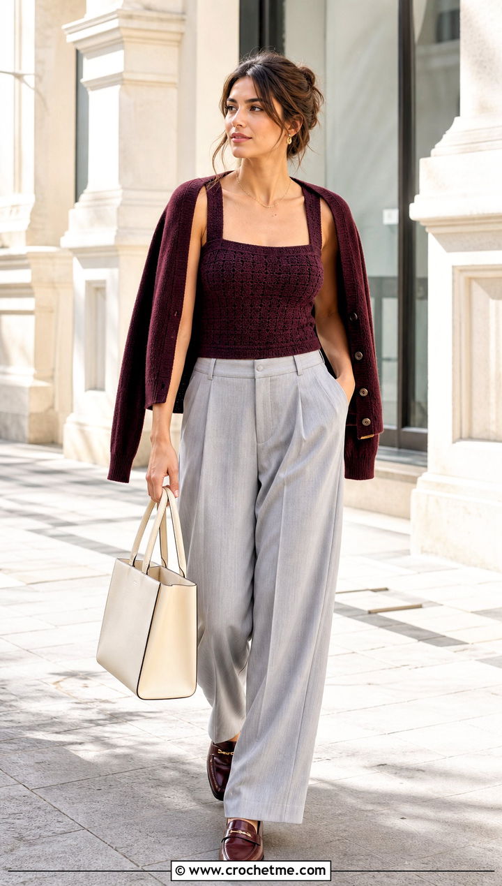Square Neck Crochet Bustier With Pleated Trousers - 30 crochet bustier outfit ideas