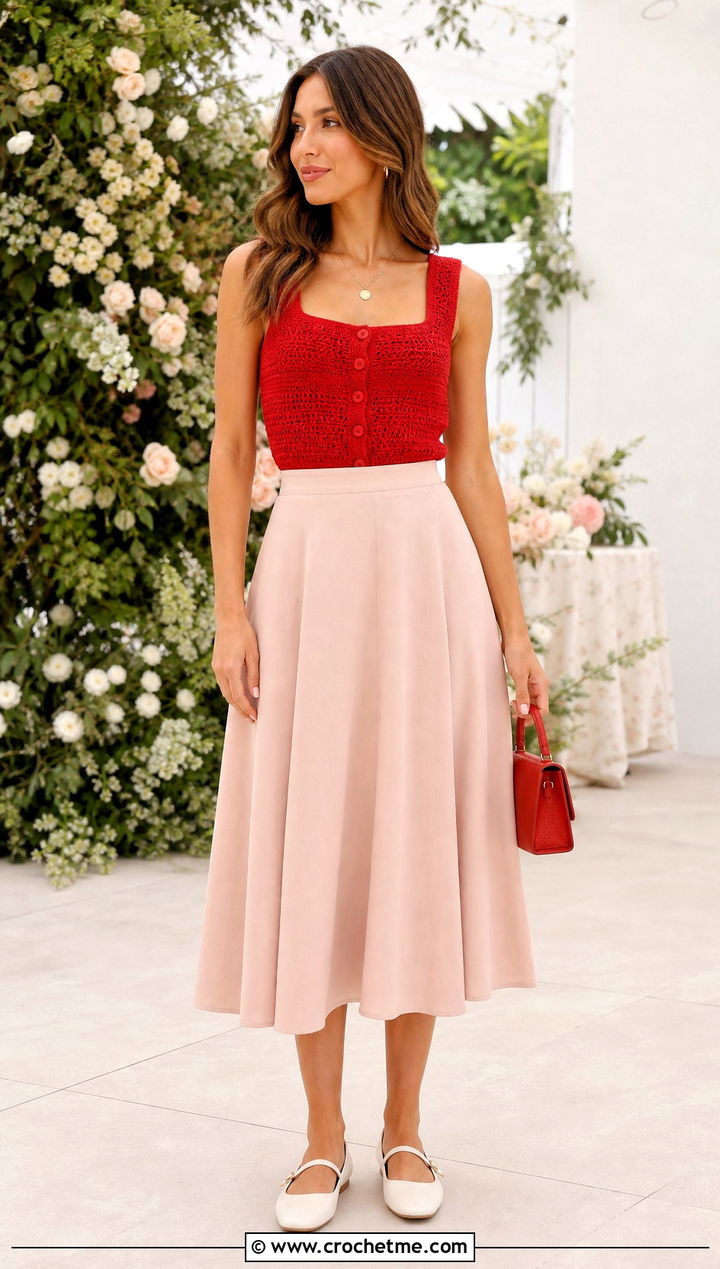 Square Neck Crochet Button Top With A Line Skirt - 35 Crochet Top With Buttons outfit ideas