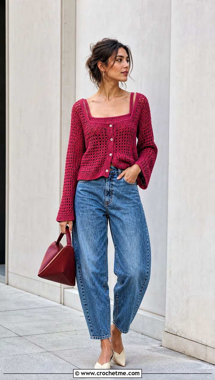Square Neck Crochet Button Top With Barrel Jeans - 30 crochet button top outfit ideas