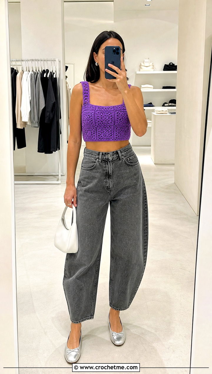 Square Neck Crochet Crop Top With Barrel Jeans - 25 Crochet Summer Crop Tops outfit ideas