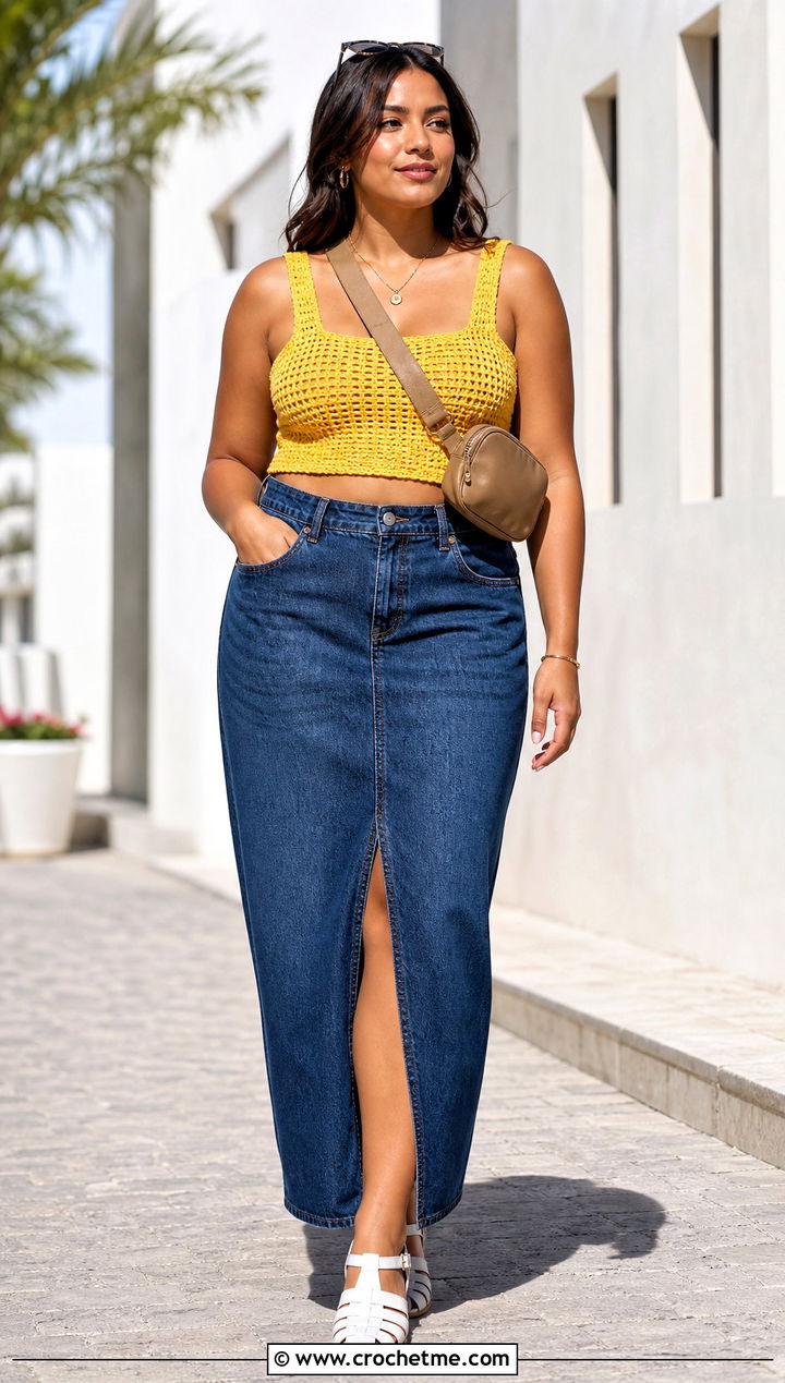 Square Neck Crochet Crop Top With Denim Maxi Skirt - 20 quick crochet crop top outfit ideas