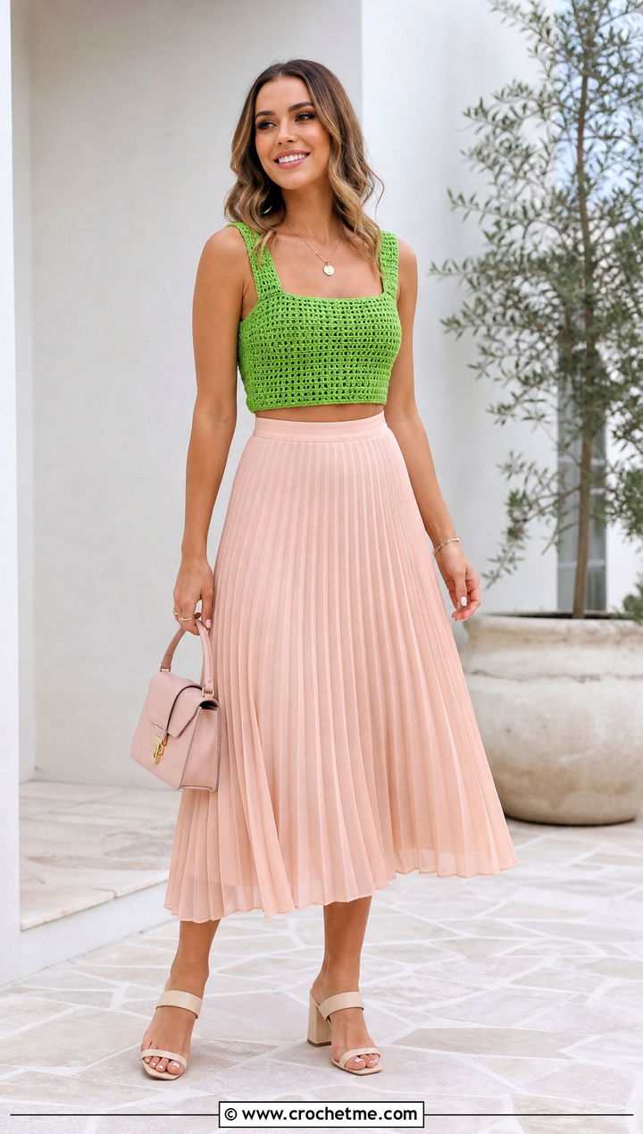 Square Neck Crochet Crop Top With Pleated Midi Skirt - 20 Crochet Clothes Crop Top outfit ideas