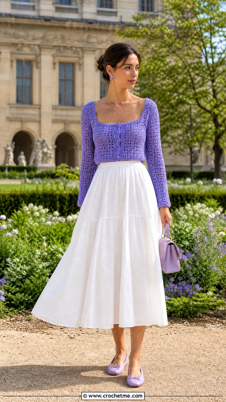 Square Neck Crochet Cropped Cardigan With Full Midi Skirt - 35 crochet cropped cardigan outfit ideas